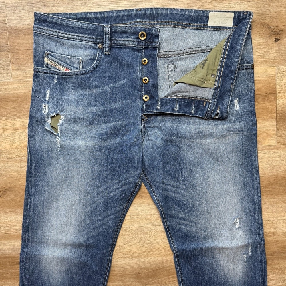 Diesel Buster Jeans Men 36x32 Blue Slim Tapered Stretch Dark Wash Thrashed 0833F - Picture 2 of 16